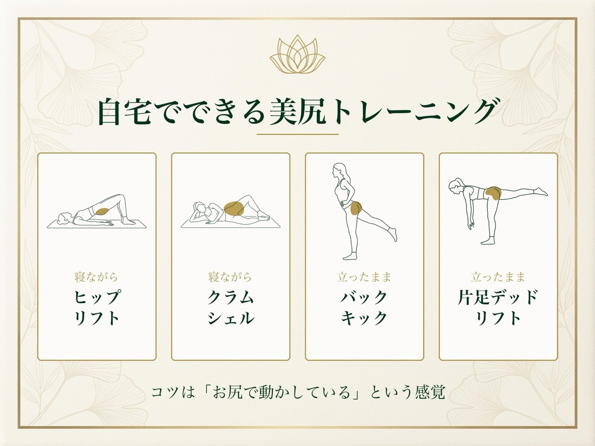 自宅でできる美尻トレーニング（寝ながら＝ヒップリフト・クラムシェル、立ったまま＝バックキック・片足デッドリフト）をポーズイラストつきで示した図解
