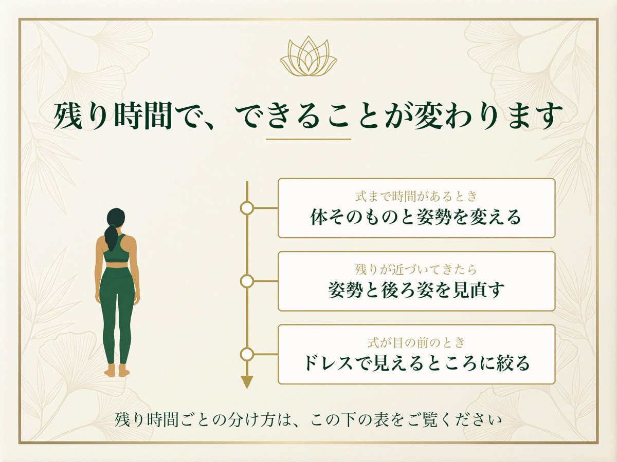 式までの残り時間によって、できることが体そのものから見えるところへ絞られていくことを示した図
