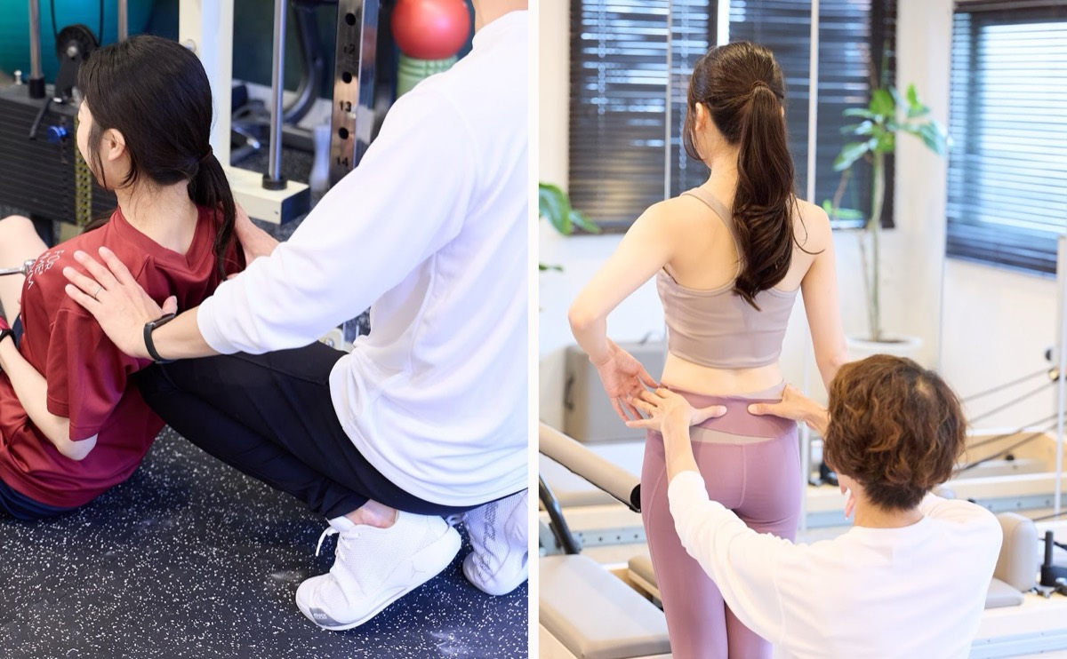 左は2階のトレーニングで背中に手を添えて指導する様子、右は3階のマシンピラティスで腰の位置を確かめる様子